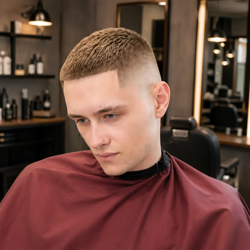 Potongan rambut textured crop dengan low skin fade dan volume alami di bagian atas, tampilan profil samping seorang pria muda dalam setting barbershop modern, inspirasi gaya rambut fade pria yang trendi dan stylish.