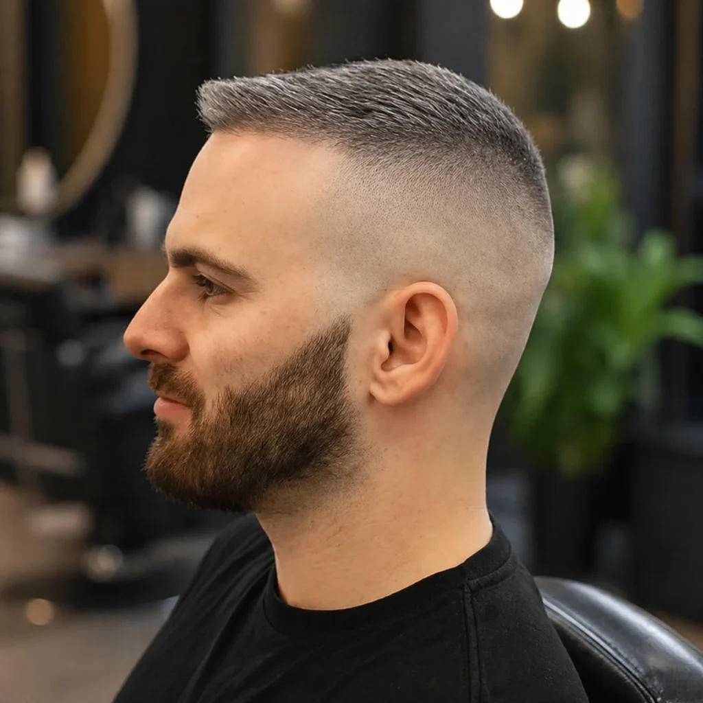 Potongan rambut skin fade pria dengan crew cut di bagian atas, sisi bald fade yang halus, dan janggut penuh, gaya barber profesional.
