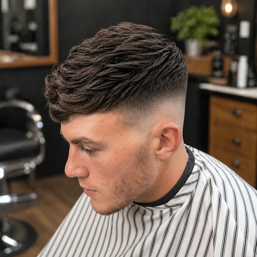 Tampilan profil samping seorang pria muda dengan gaya rambut textured side-swept dan mid fade yang rapi, menampilkan transisi yang halus serta volume alami di bagian atas, duduk di kursi barbershop—contoh sempurna gaya rambut fade modern.