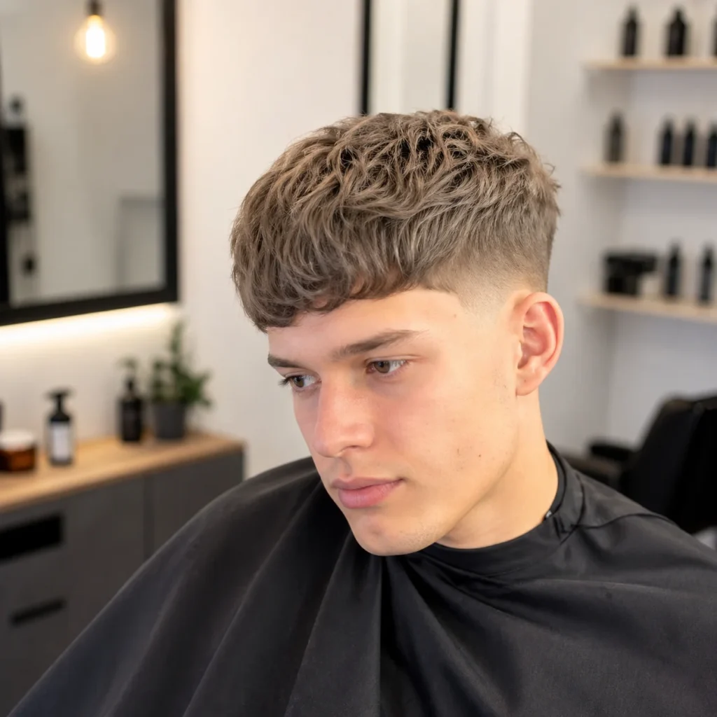 Seorang pria muda dengan potongan rambut textured crop fade duduk di kursi barbershop, menampilkan low fade yang rapi di sisi rambut dan volume alami di bagian atas dalam setting barbershop modern.