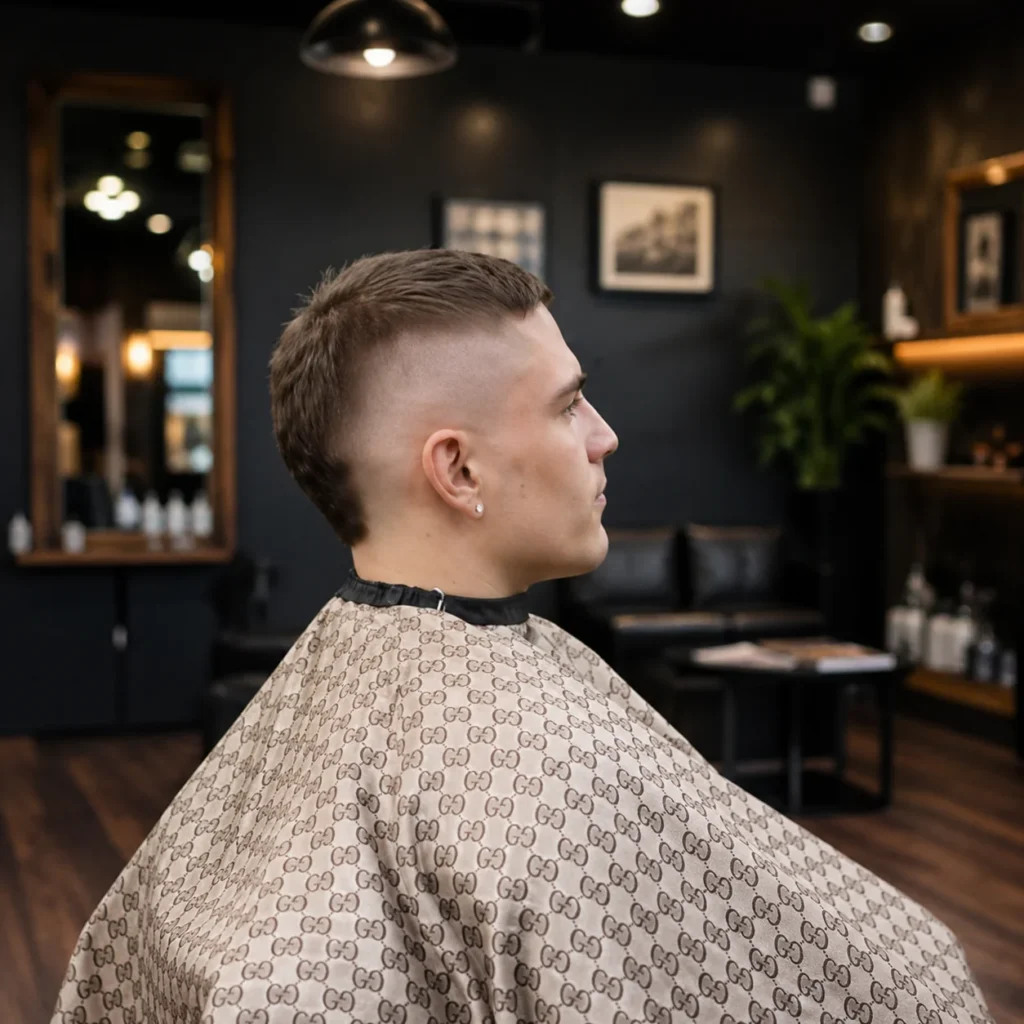 Tampilan profil samping potongan rambut modern low fade pada pria muda yang duduk di kursi barbershop, skin fade rapi dengan bagian atas pendek bertekstur, tampilan grooming profesional dengan jubah barber yang stylish, latar dalam salon indoor – fadehaircut.blog