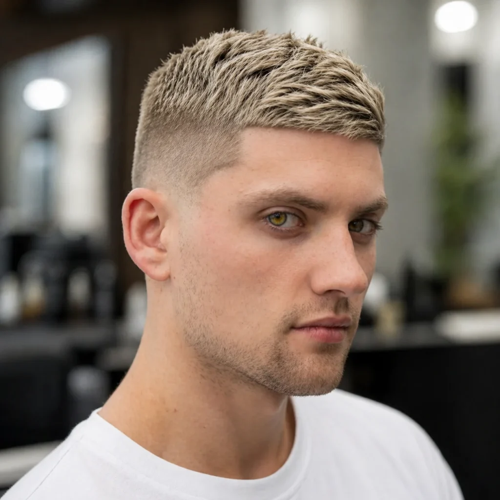 Potongan rambut short textured crop dengan low fade, sisi rambut yang rapi dan bagian atas natural, potret close-up gaya rambut pria modern dengan tampilan yang tajam dan segar.