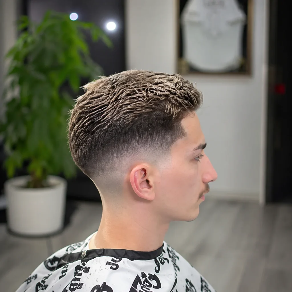 Potongan rambut mid fade trendi dengan bagian atas bertekstur dan blending yang halus, gaya barber modern pria tampilan samping.