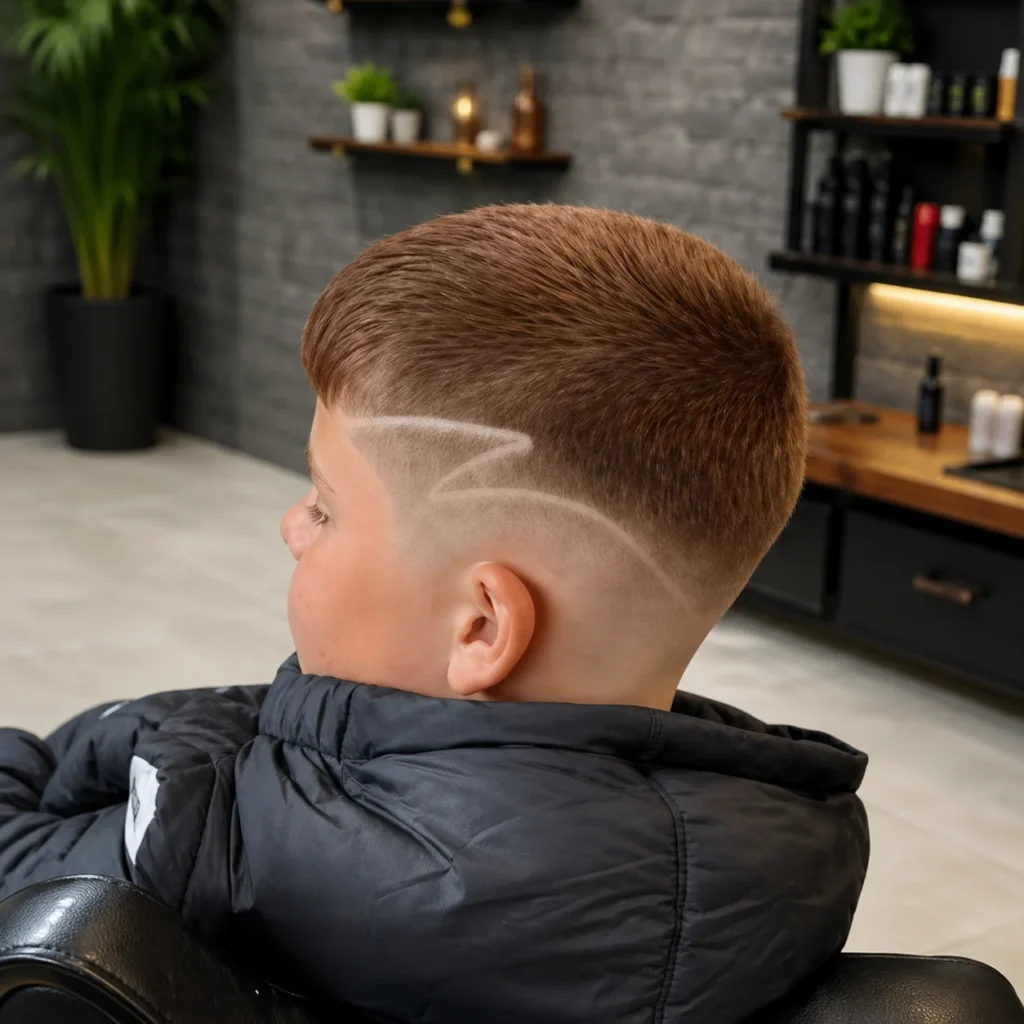 Seorang anak laki-laki duduk di kursi barbershop modern dengan potongan rambut fade yang rapi dan desain cukuran zigzag yang stylish di bagian samping, mengenakan jaket hitam, dengan latar belakang salon kontemporer yang blur.
