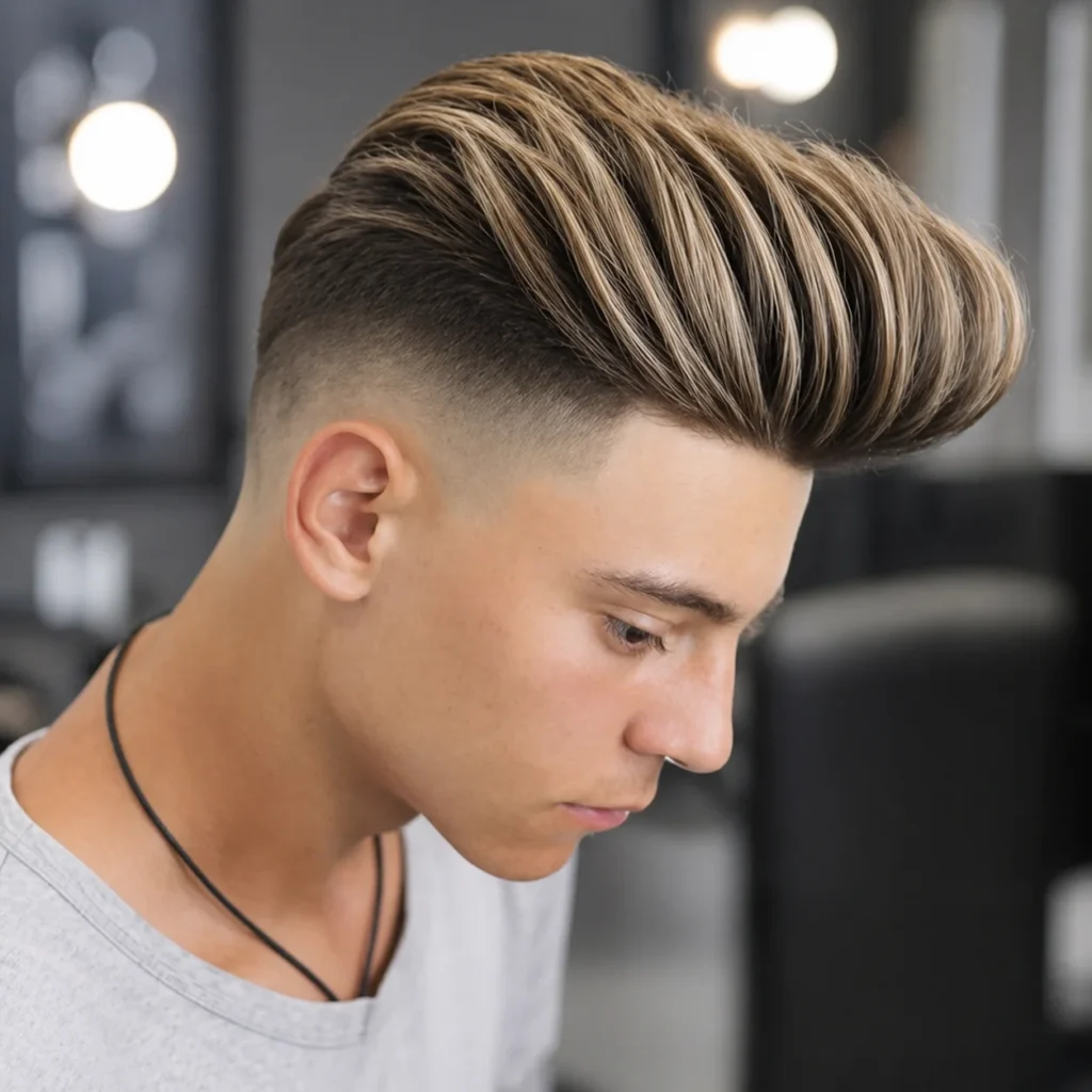 Potret modern yang bersih dari seorang pria muda dengan potongan rambut sharp fade dan quiff pirang yang ditata rapi, menatap ke samping dalam setting indoor minimalis dengan pencahayaan lembut, mengenakan kaus berwarna ungu muda.