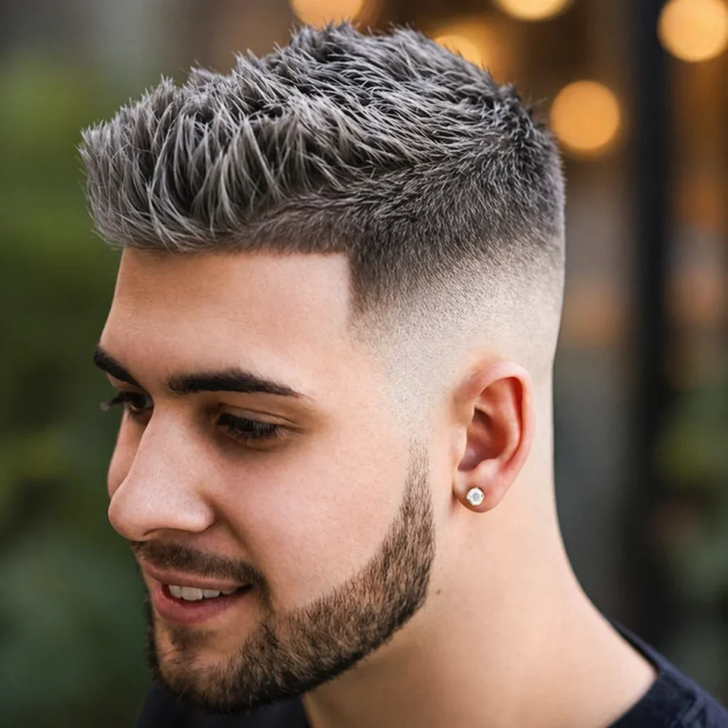 Pria dengan potongan rambut modern high fade, bagian atas spiky bertekstur, dan janggut yang rapi, potret profil samping dengan latar belakang blur.