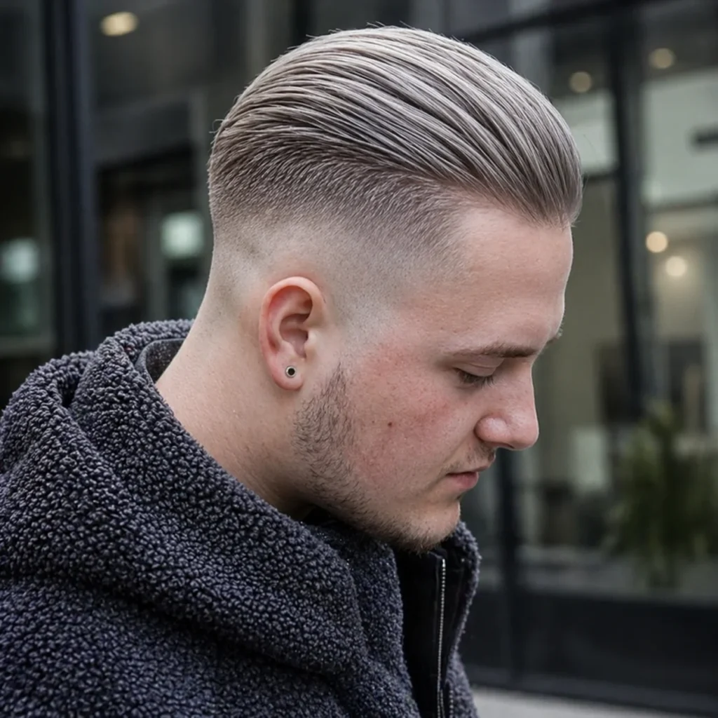 Tampilan profil samping potongan rambut low fade bertekstur pada pria muda dengan skin fade yang rapi dan bagian atas bervolume serta tertata, gaya rambut pria modern dalam setting barbershop profesional – fadehaircut.blog