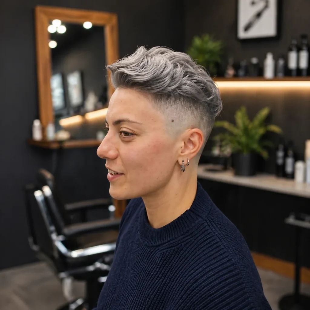 Tampilan profil samping potongan rambut short textured crop dengan high skin fade pada seorang wanita muda, sisi rambut yang rapi dengan blending halus serta bagian atas bervolume, gaya rambut fade modern yang edgy di dalam setting barbershop bergaya – fadehaircut.blog
