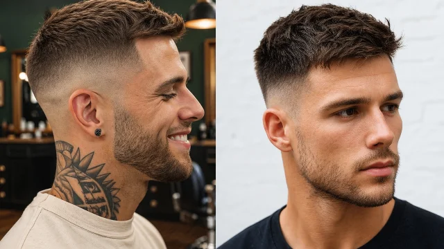 Side-by-side comparison of modern skin fade haircuts for men, featuring a clean high fade with textured top and a sharp low fade style, ideal for trendy men’s hairstyles 2026 – fadehaircut.blog
