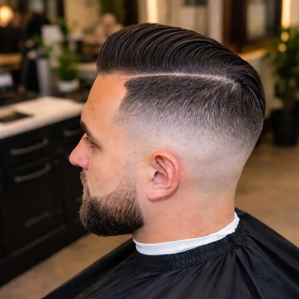 Potongan rambut mid fade dengan slick back pompadour dan hard part, skin fade yang rapi di sisi dengan janggut penuh, tampilan profil samping di barbershop.
