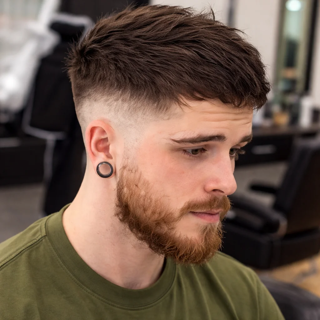 Potongan rambut textured crop dengan low skin fade dan janggut untuk lelaki dalam suasana barbershop moden.