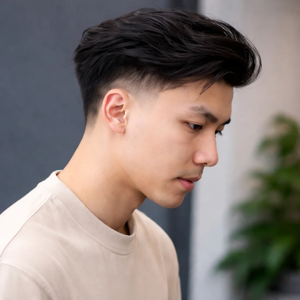 Potongan rambut low taper fade dengan bahagian atas bertekstur untuk lelaki dalam suasana moden yang bersih.