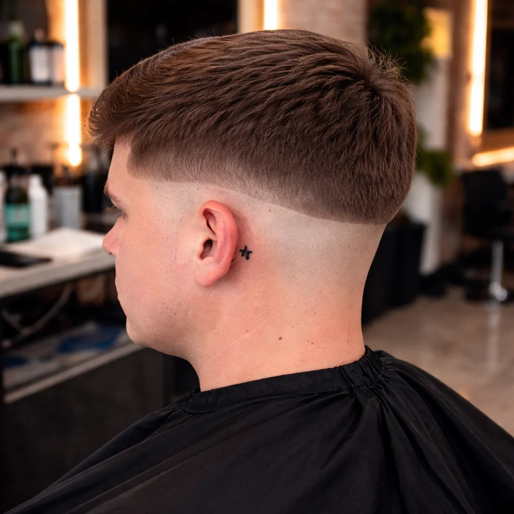 Potongan rambut zero mid fade pada rambut pendek bertekstur dengan skin fade yang rapi dan gradasi tajam, tampilan belakang dan samping di barbershop modern.

