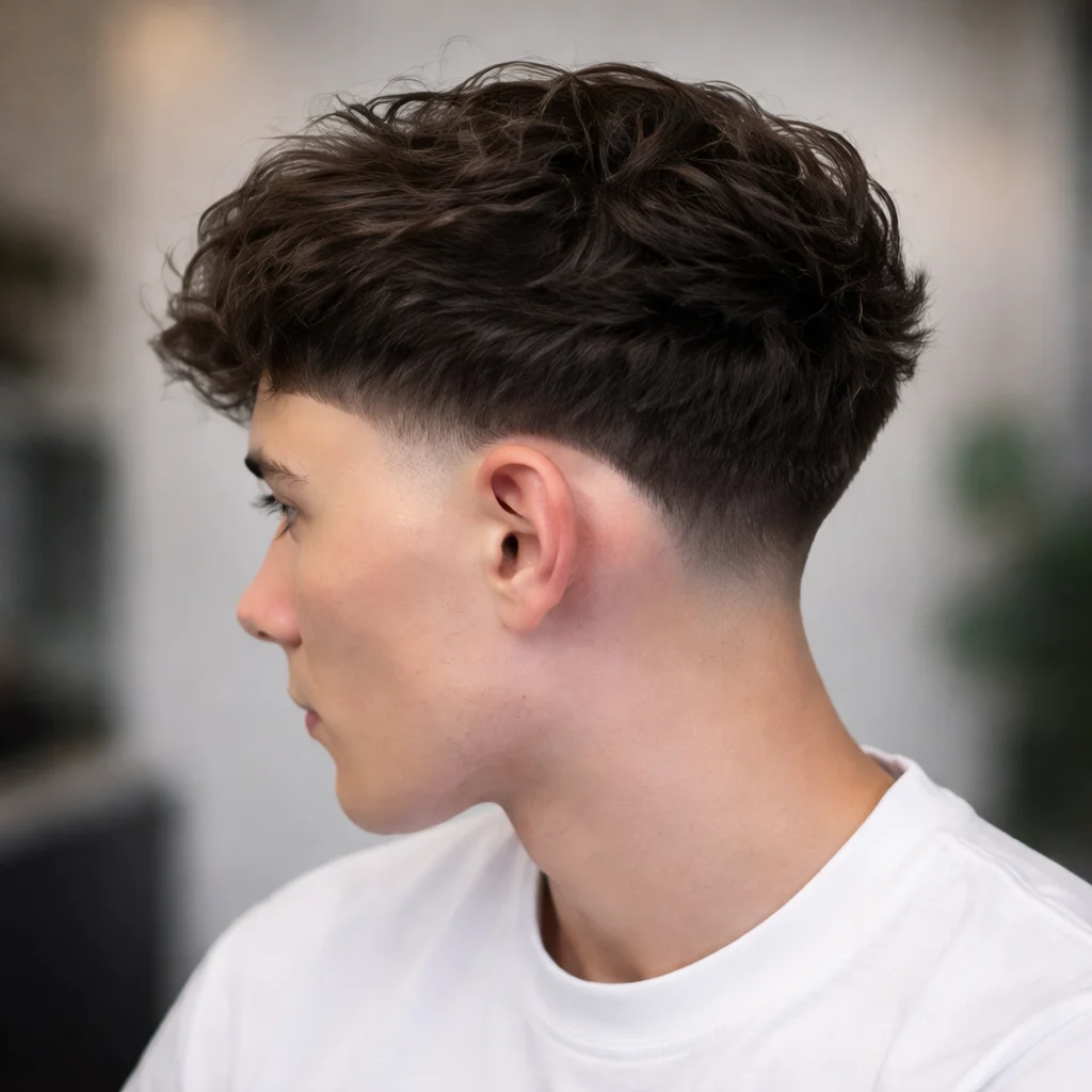 Pandangan sisi dekat seorang lelaki dengan rambut berombak bertekstur dan potongan rambut low fade yang kemas, memakai baju putih dengan latar belakang moden yang kabur, menampilkan gaya rambut fade lelaki yang bergaya.