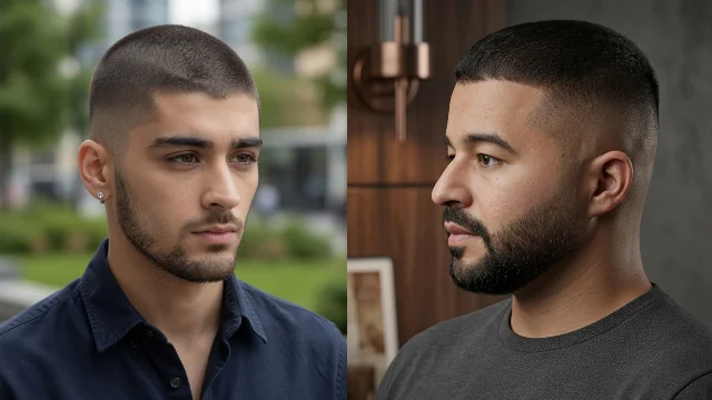 Buzz Cut Fade Haircut featuring two stylish men with sharp skin fades, clean hairlines, and modern textured buzz cuts in a professional barbershop setting.
