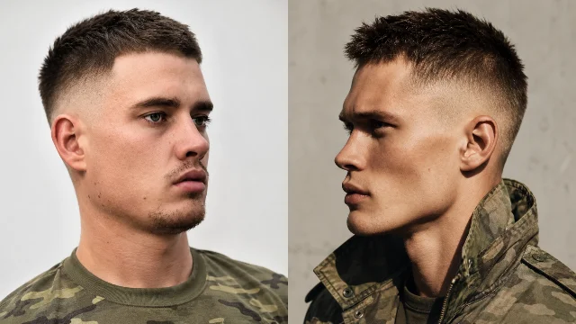 Military fade haircut side-profile collage featuring two modern army-inspired men’s hairstyles with clean skin fade, textured short hair, camouflage outfits, and sharp masculine styling on neutral studio backgrounds.
