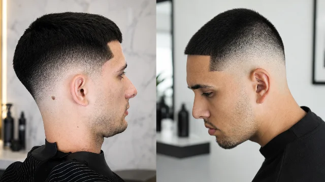 Modern bald fade haircut collage featuring two men with sharp low skin fade hairstyles, clean line ups, textured top haircuts, and stylish barber shop grooming looks for men.