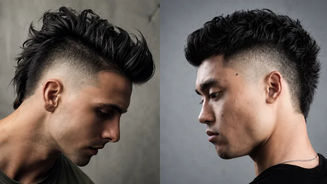 Side-by-side profile view of two young men showcasing modern Fade Haircut Mohawk styles, highlighting sharp fades, textured tops, and stylish contemporary hair trends for 2026.