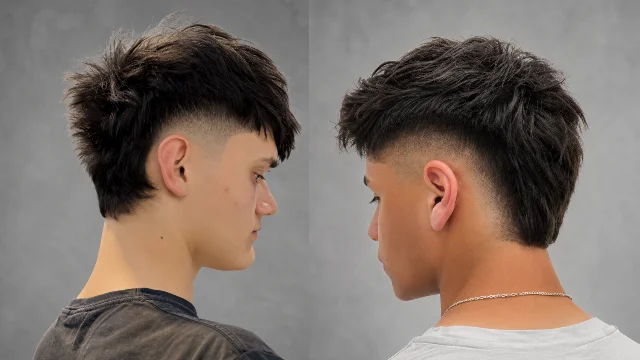 Textured crop mullet fade haircut for men with low skin fade and messy layered top side and back view style inspiration for modern barber cuts