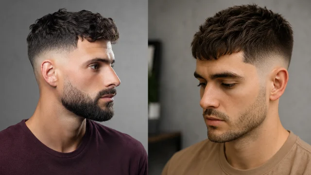 wo men with modern short fade haircuts, featuring textured hair on top and clean, tapered sides, perfect example of 2026 fade haircut trends for men.