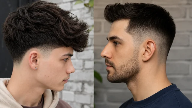 Side profile view of two young men with modern low taper fade haircuts, showcasing textured, voluminous hairstyles and clean, sharp fades against neutral backgrounds – perfect inspiration for trendy men's haircuts