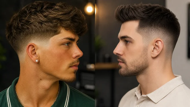 Modern side-profile portrait of two stylish men showcasing trendy **taper fade haircuts** with textured volume, sharp beard detailing, and clean barbershop styling in a professional studio setting.