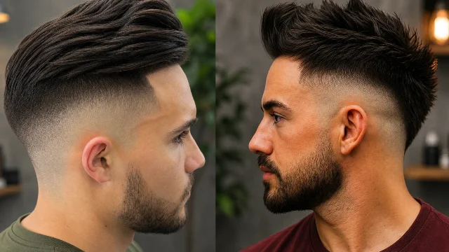 Two modern high fade haircuts with textured top styles and clean beard looks, featured in a professional barbershop setting.