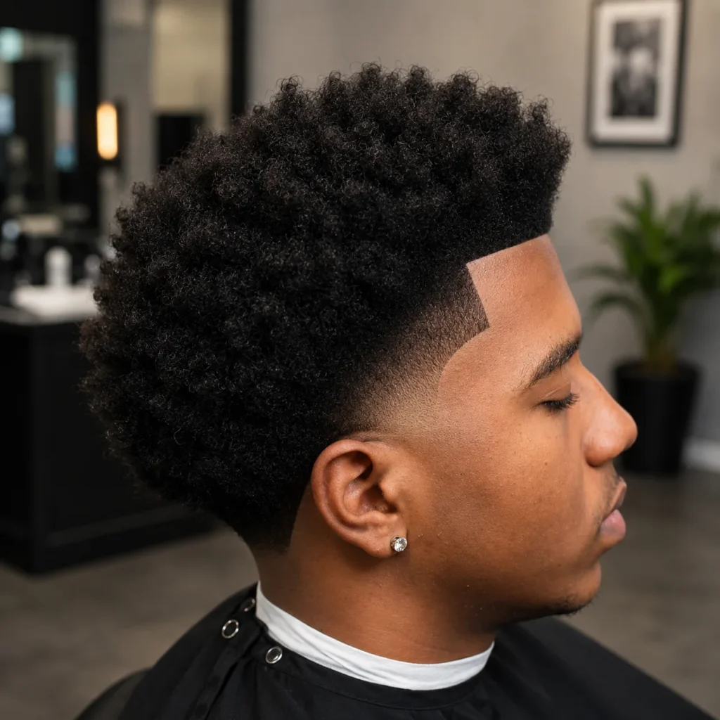 Afro keriting dengan low taper fade dan garis rambut tajam pada pria kulit hitam di barbershop modern – inspirasi potongan rambut fade bertekstur yang trendi untuk fadehaircut.blog
