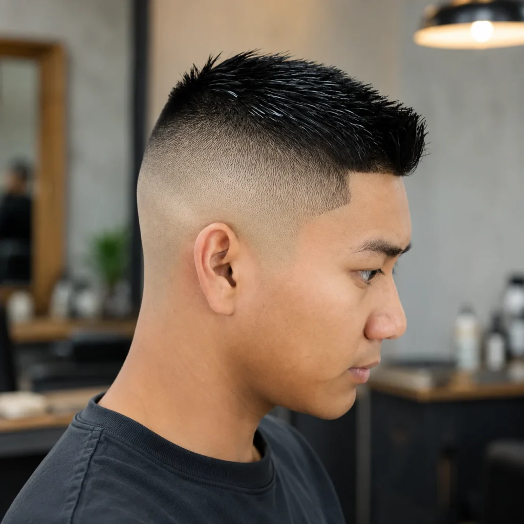 Potongan rambut high fade rapi dengan bagian atas pendek bertekstur spiky, serta skin fade tajam di sisi samping, memberikan tampilan modern dan stylish ala barber dalam suasana barbershop profesional.