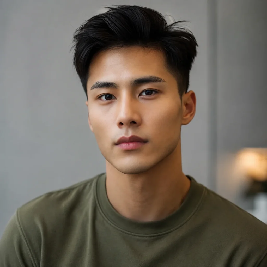 Potongan rambut fade modern bertekstur dengan rambut hitam bervolume dan taper samping yang rapi, menampilkan potret kasual yang stylish dengan latar studio lembut.
