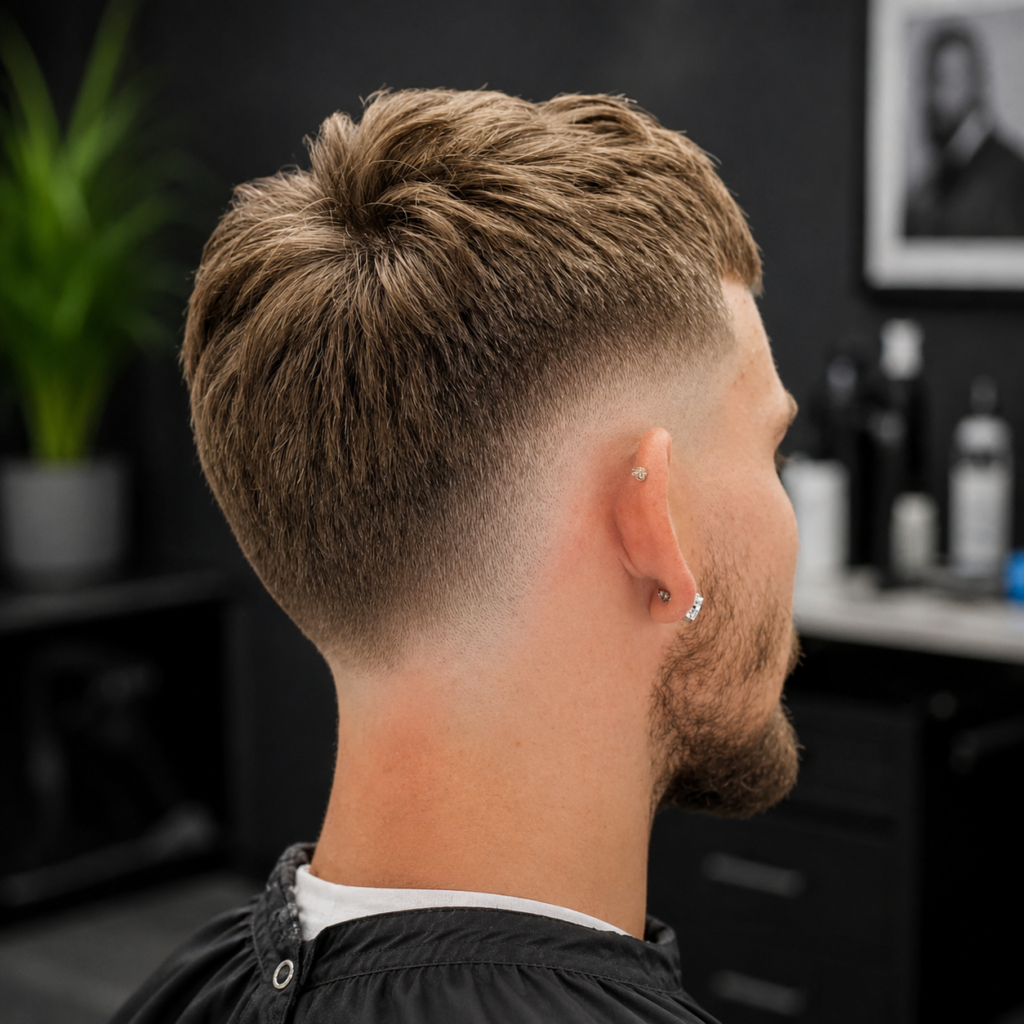 Potongan rambut bald burst fade pada rambut pendek bertekstur dengan garis leher yang kemas, pandangan belakang dan sisi dalam suasana kedai gunting rambut moden.