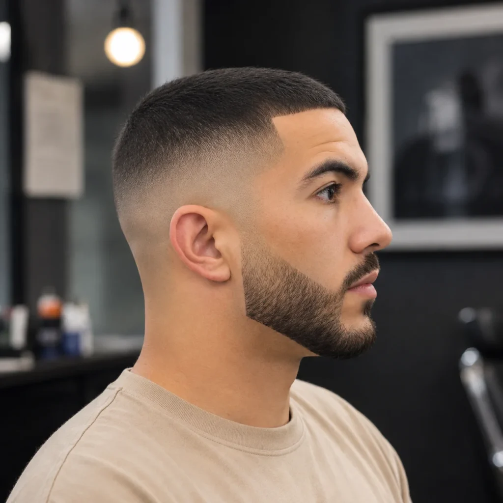 **Clean bald fade haircut** dengan **sharp beard lineup dan short textured top**, menampilkan gaya barbershop modern untuk pria dengan tampilan rapi, bersih, dan stylish.
