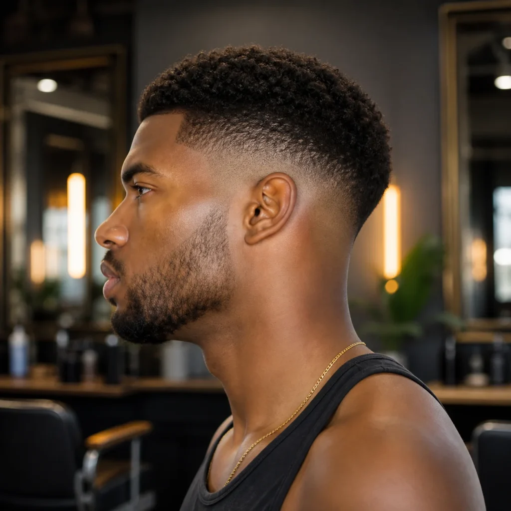 Potongan rambut **bald drop fade** yang bergaya dengan beard fade serta garisan rambut (hairline) yang tajam dan kemasan yang kemas.
