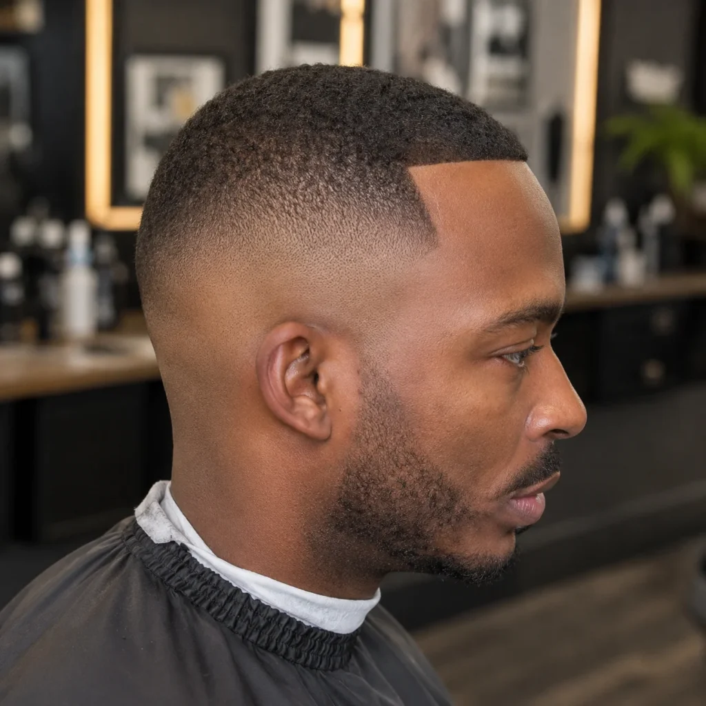 Potongan rambut buzz cut low bald fade yang tajam dengan garis rambut rapi dan perpaduan janggut yang halus, bergaya modern ala barbershop.