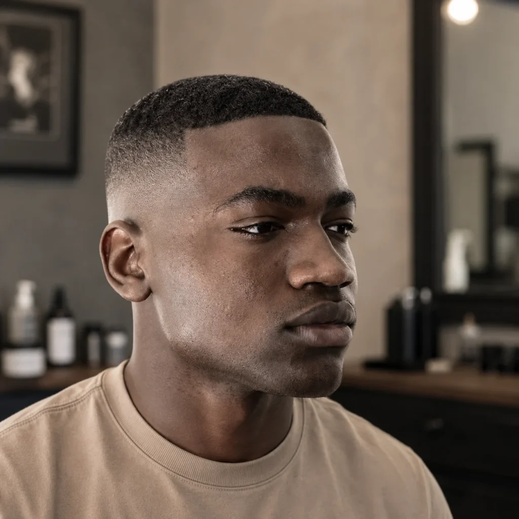 Potret close-up seorang pria dengan **clean low bald fade haircut** dan **sharp lineup**, menampilkan transisi skin fade yang halus berpadu dengan rambut pendek bertekstur di bagian atas. Gaya **fade haircut yang stylish** ini ditampilkan dalam suasana barbershop modern dengan latar belakang blur yang lembut.
