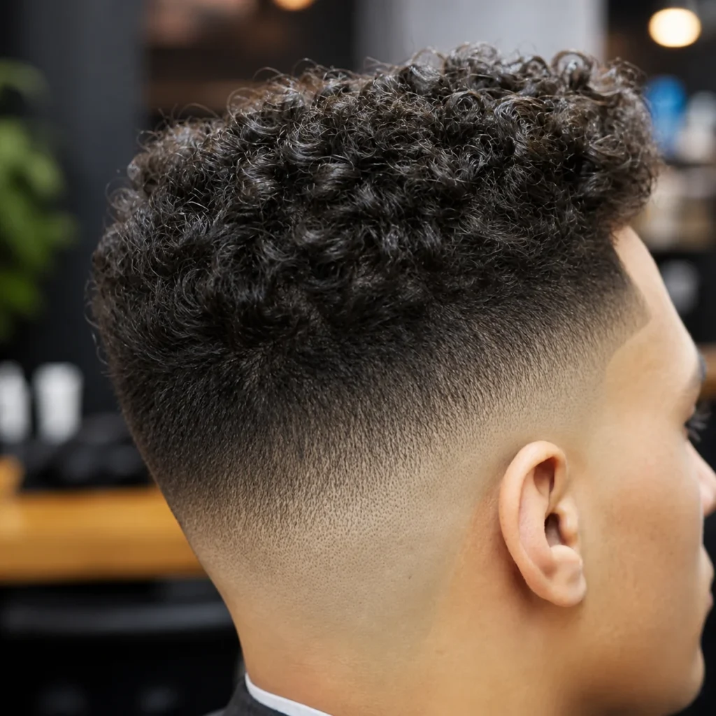 Tampilan samping close-up dari potongan rambut curly top fade dengan low skin fade yang rapi, menunjukkan transisi yang halus serta ikal rambut alami yang terdefinisi di dalam suasana barbershop.
