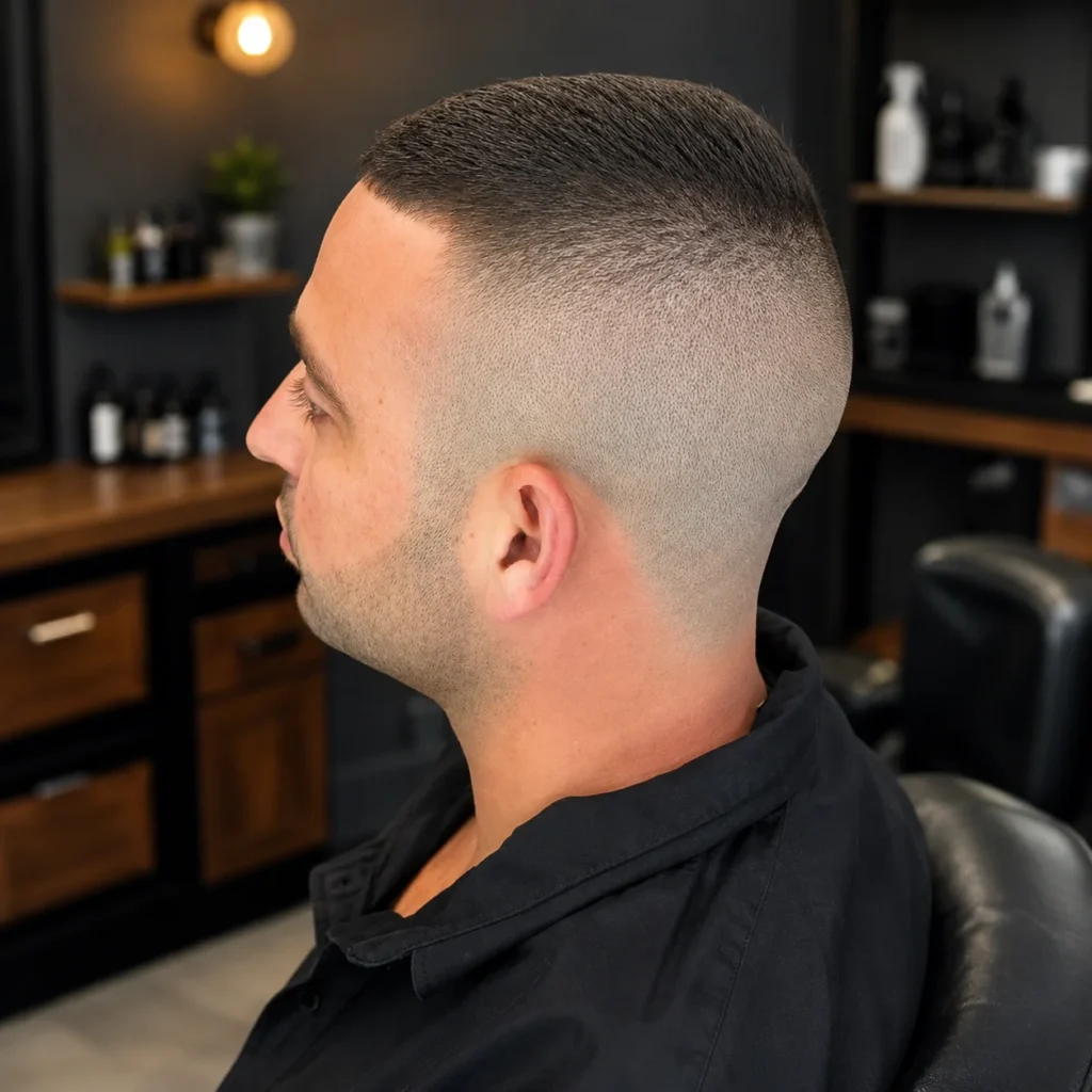 **Bald fade haircut for thin hair** dengan **smooth skin fade dan sharp barber finish**, menampilkan gaya rambut pria yang rapi, modern, dan bersih dalam suasana barbershop kontemporer.
