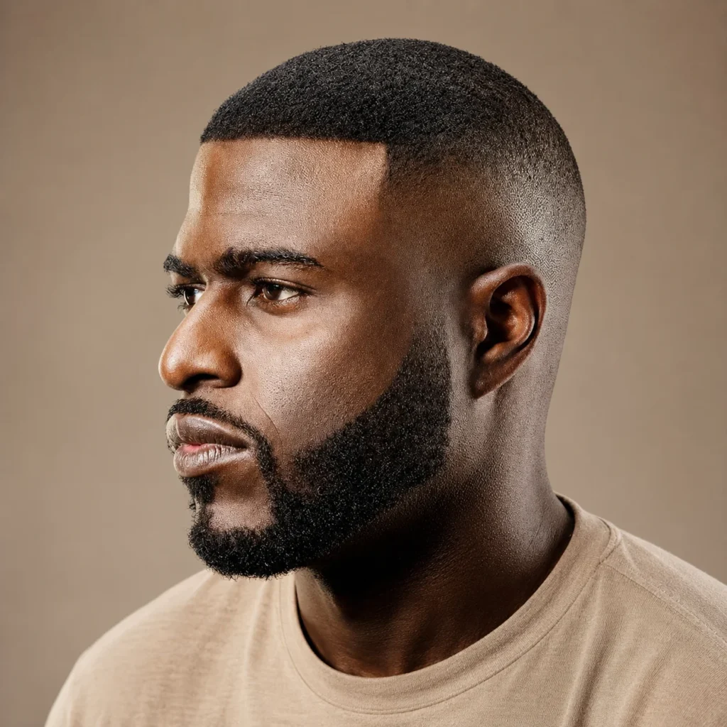 **Bald fade haircut with beard** dengan **clean beard lineup dan textured top hairstyle**, menampilkan potongan rambut pria yang rapi dan modern dalam potret studio profesional.
