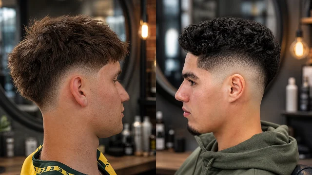 Modern drop fade haircut comparison showing side profiles of two men with clean low skin fade and textured top hairstyles in a professional barbershop setting – fadehaircut.blog