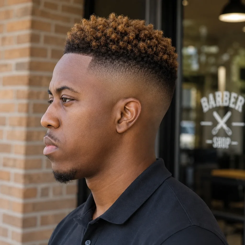 Potongan rambut high fade hitam untuk pria kulit hitam dengan bagian atas keriting bertekstur dan high fade yang tajam, gaya rambut barber modern yang bersih tampak dari sisi samping – fadehaircut.blog