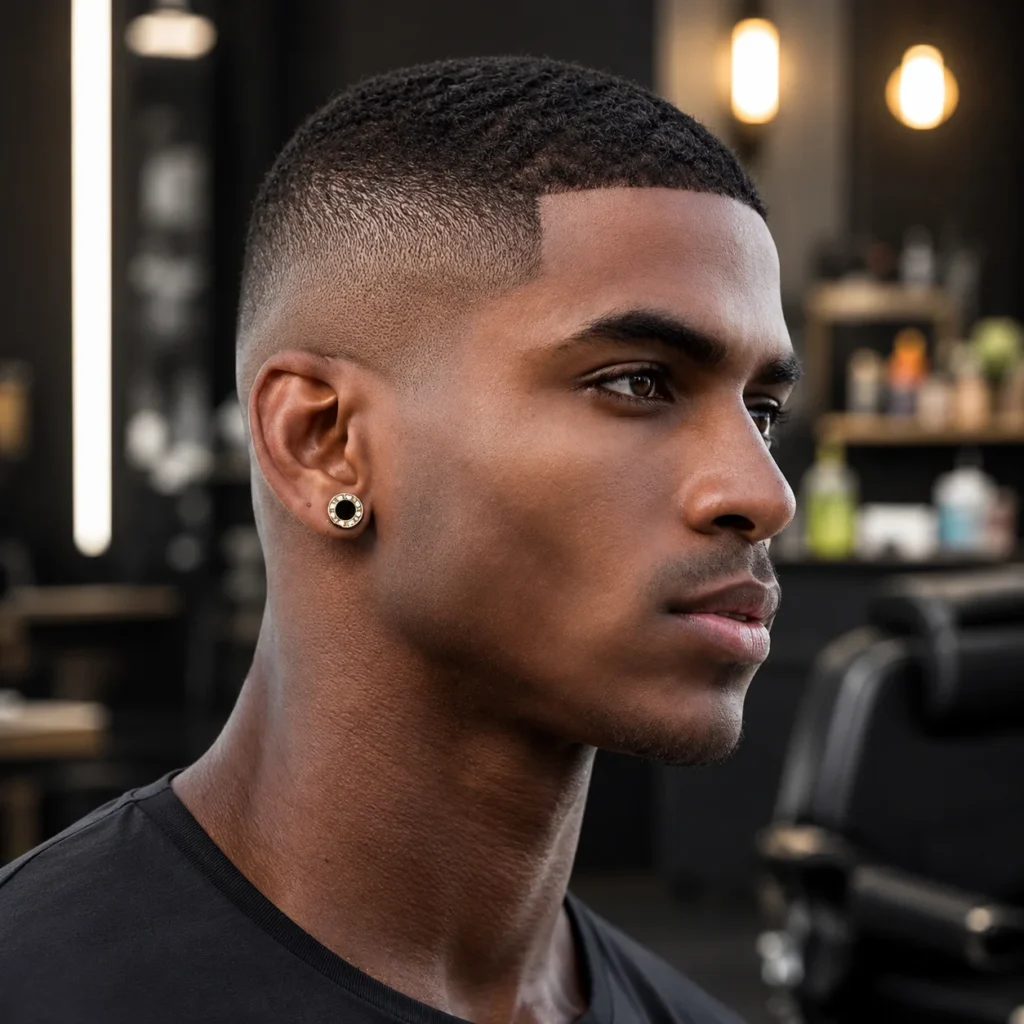 Potongan rambut high cut fade yang rapi dengan garis rambut tajam dan low fade halus untuk tampilan gaya rambut pria modern.
