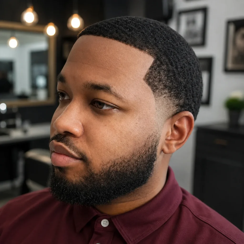 Potongan rambut sharp low taper fade dengan 360 waves dan penataan janggut penuh pada pria kulit hitam di barbershop modern – inspirasi haircut profesional dengan garis rambut rapi untuk fadehaircut.blog
