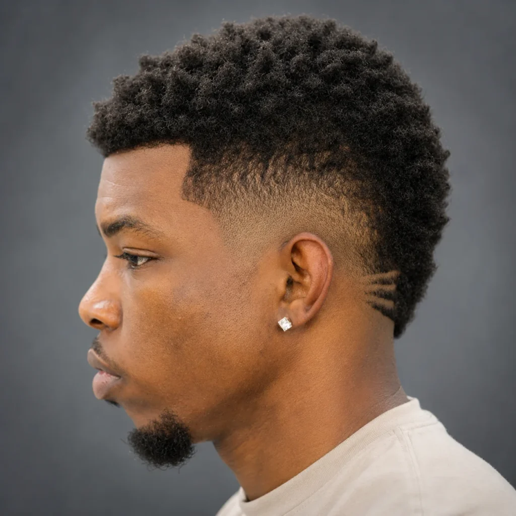 Tampak samping seorang pria kulit hitam dengan potongan rambut curly mohawk fade, low taper fade tajam, desain cukuran rambut, dan ikal bertekstur yang ditata rapi, dipadukan dengan janggut bersih serta anting stud di latar studio modern.
