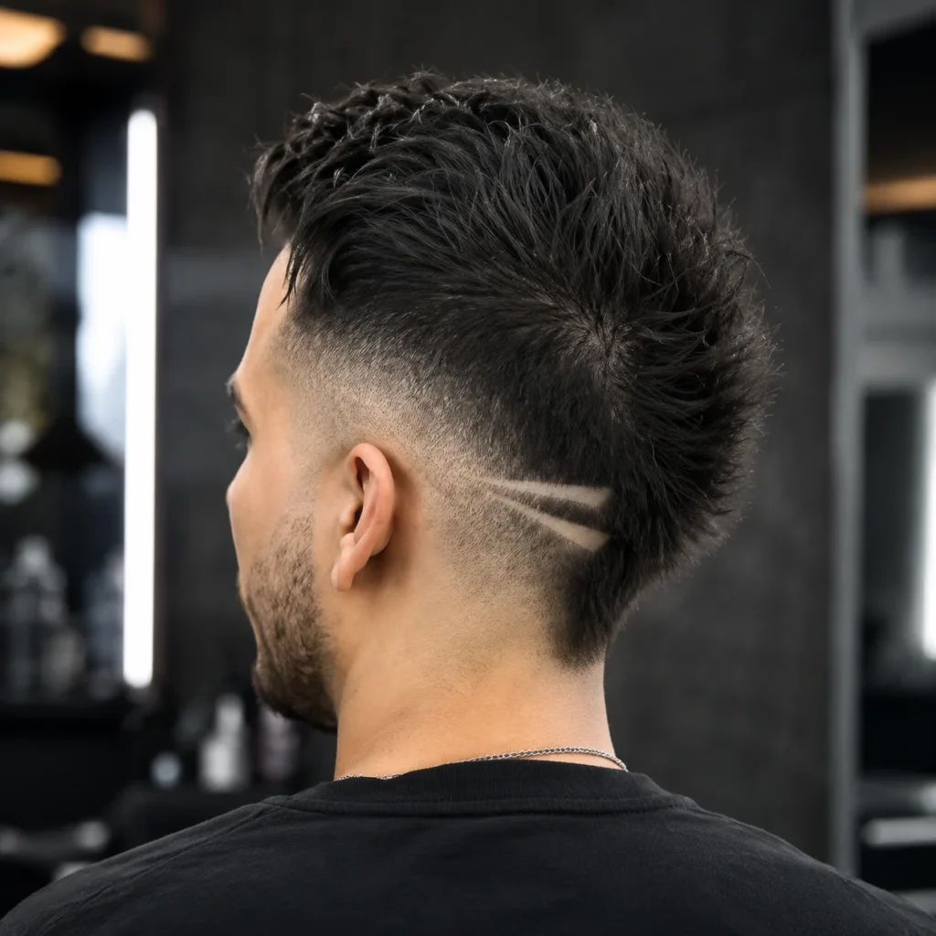 Profil sisi seorang lelaki dengan potongan rambut spiky bertekstur dan fade yang tajam, menampilkan dua garisan cukur yang tepat di bahagian bawah belakang kepala, dirakam dalam suasana kedai gunting rambut moden dengan latar belakang kabur yang lembut.
