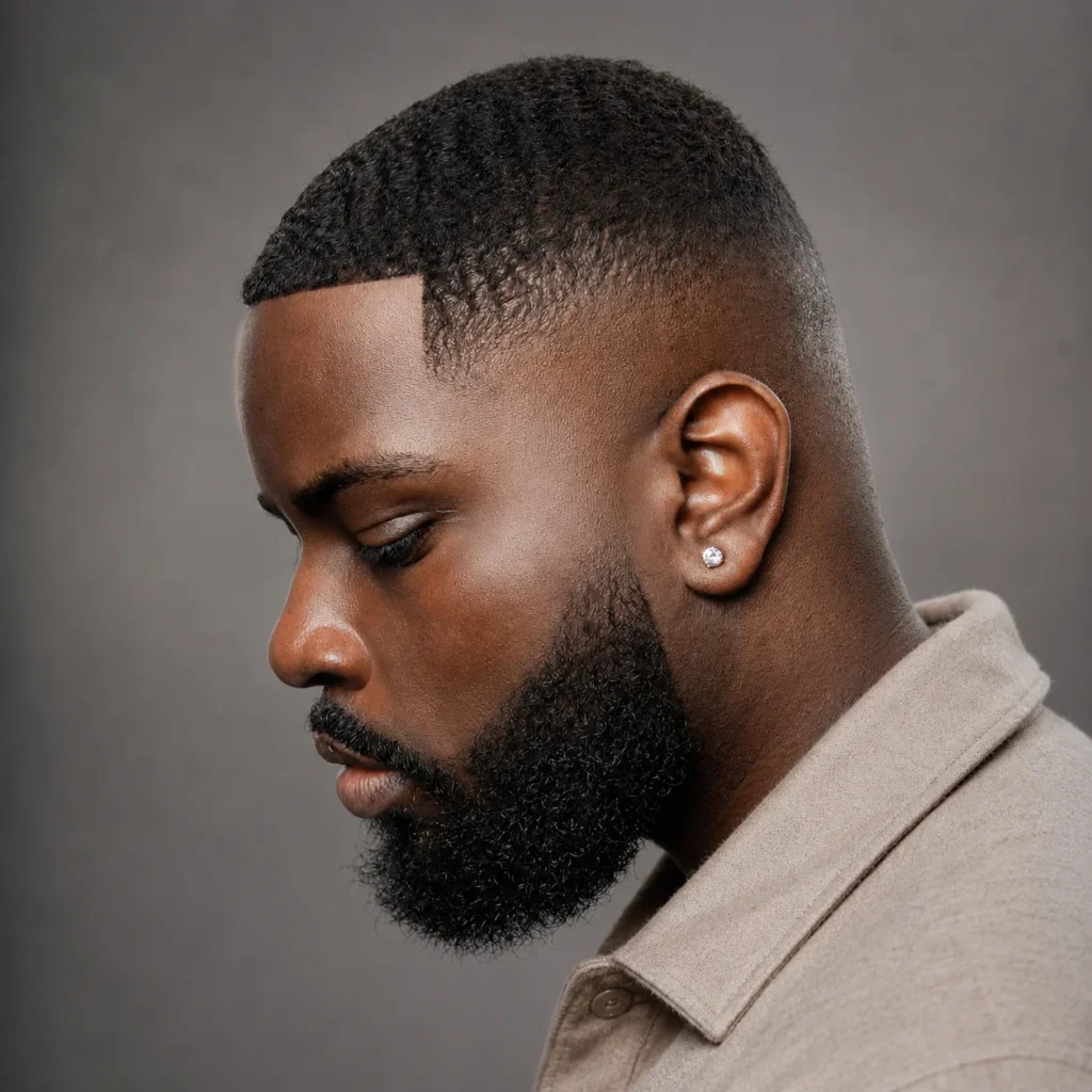 Close-up tampak samping seorang pria kulit hitam dengan potongan rambut 360 waves dan low fade tajam, dilengkapi janggut penuh, anting berlian stud, serta garis rambut rapi dengan latar studio abu-abu modern.
