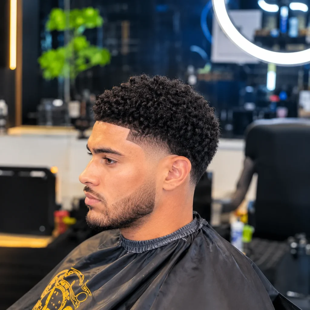 Potongan rambut high fade keriting dengan garis rambut tajam dan ikal bertekstur yang ditata rapi, diambil di barbershop modern untuk inspirasi gaya grooming pria.

