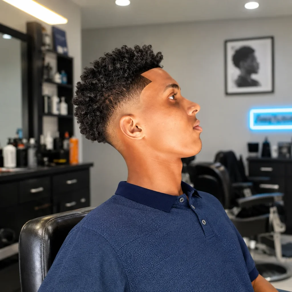 Tampilan profil samping seorang pria muda dengan potongan rambut curly high fade dan lineup yang tajam, duduk di barbershop modern. Gaya rambut ini menampilkan rambut keriting bertekstur di bagian atas dengan sisi fade yang rapi, dipadukan dengan polo shirt biru dan latar belakang salon indoor yang stylish.
