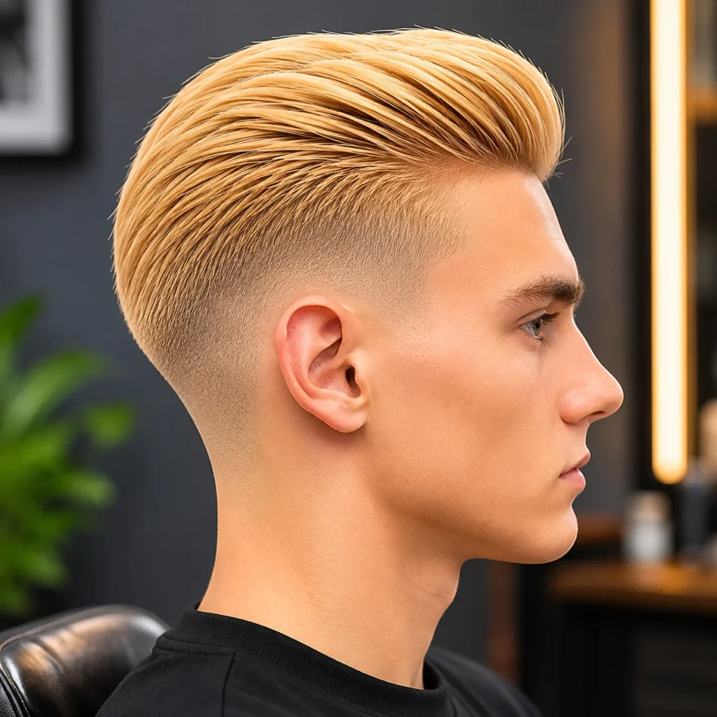 Blonde taper fade haircut dengan sisi taper yang rapi dan tampilan profil samping yang tajam di barbershop modern.
