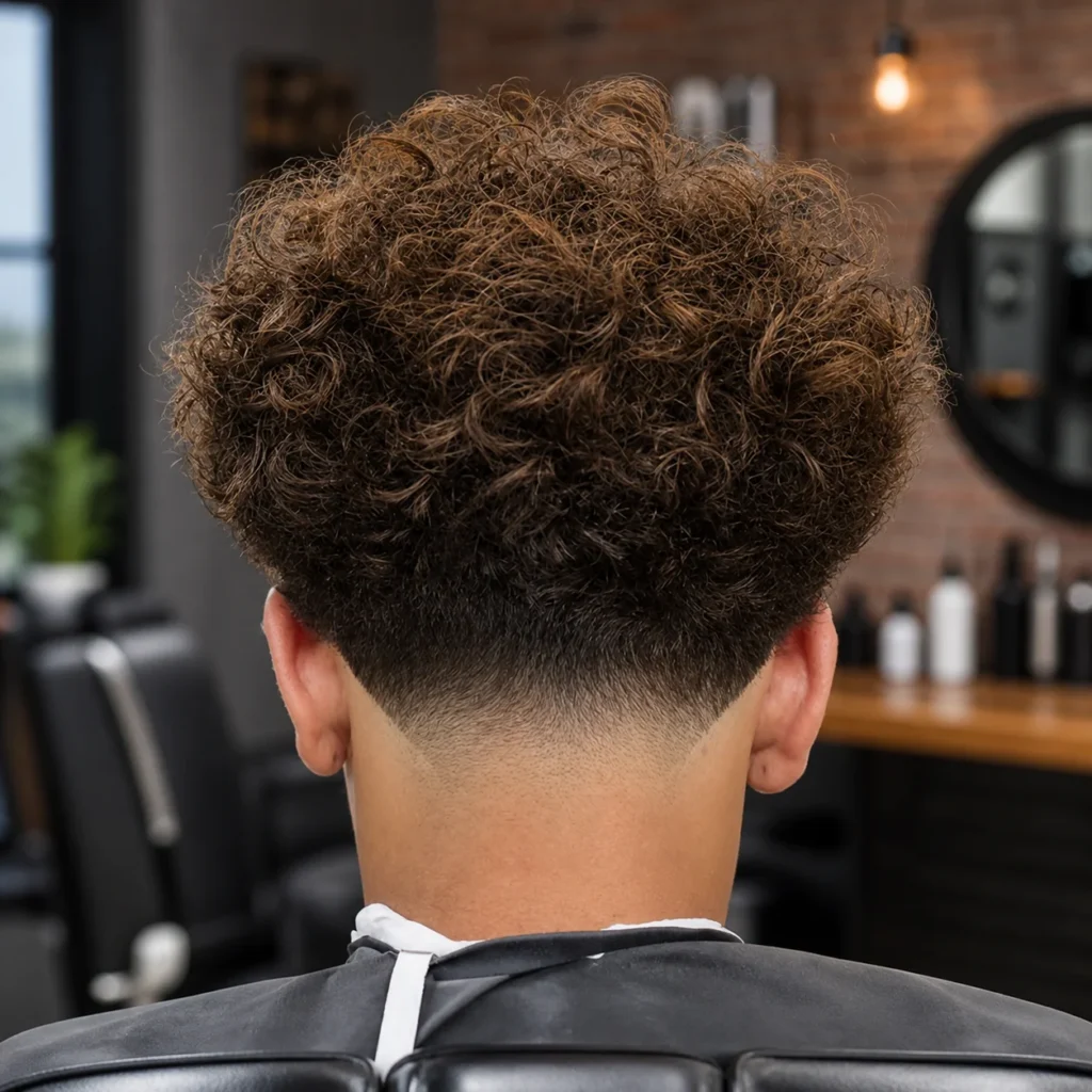 Tampilan belakang potongan rambut curly fade dengan low taper fade yang bersih di bagian tengkuk (nape), serta rambut keriting tebal dan bervolume di bagian atas, dalam suasana barbershop modern.
