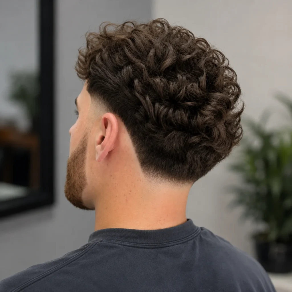 Blowout Taper Fade Haircut dengan rambut keriting alami yang tegas dan garis leher yang rapi, menampilkan gaya rambut bertekstur modern di setting barbershop yang stylish.
